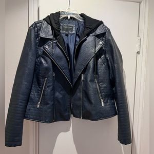 Bernardo XL Leather Jacket Dark Navy Blue with detachable black hoodie garment